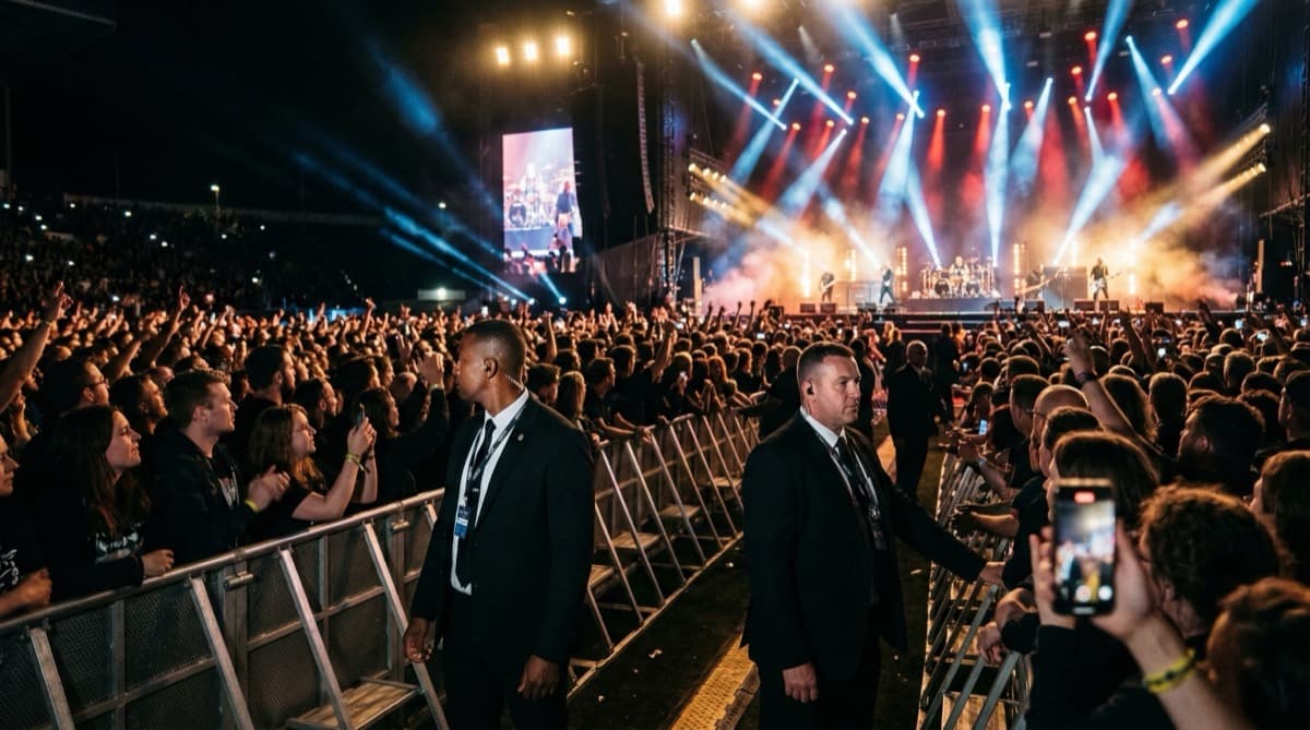Concert and event security detail managing barricade at live event